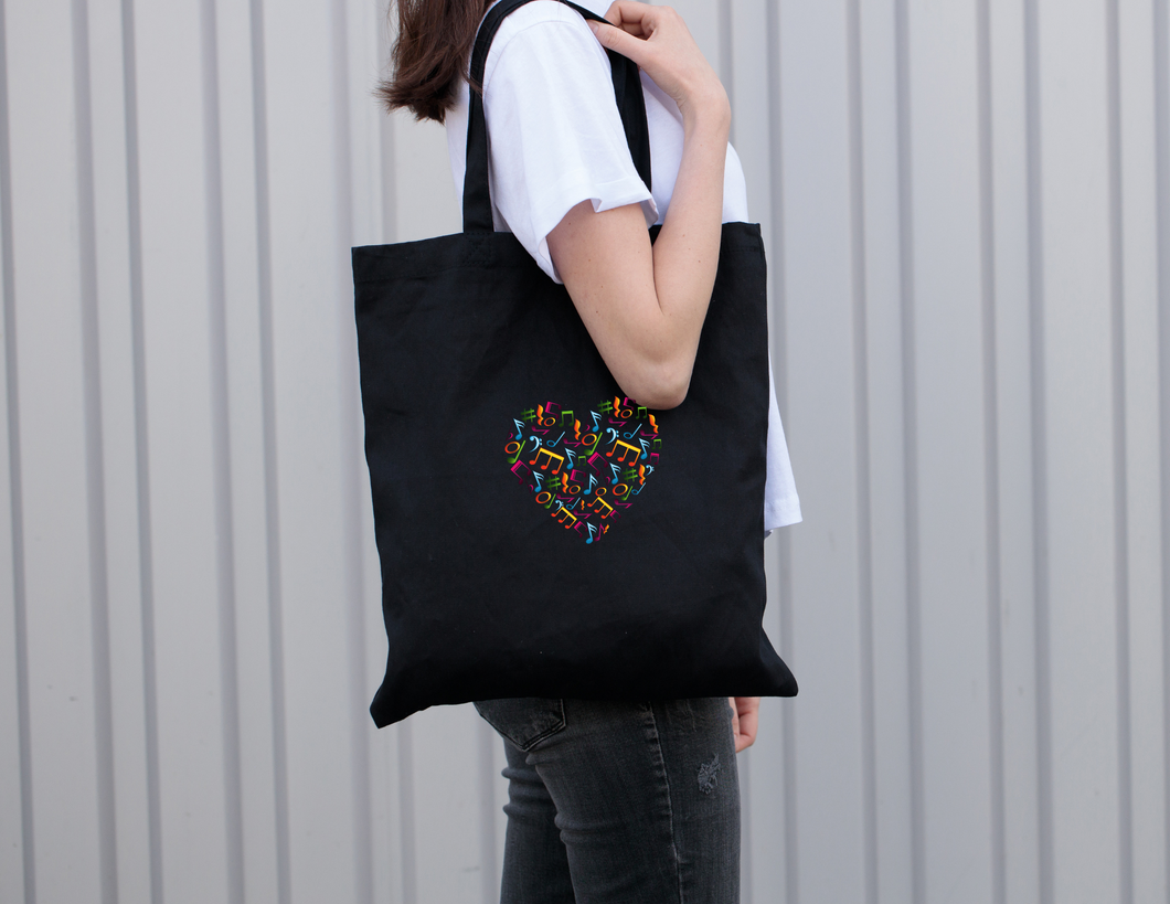 Rainbow Music Heart Black Music Tote Bag