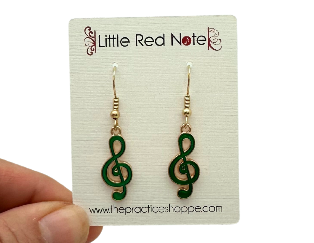 Dangle Fish Hook Green and Gold Treble Clef Earrings