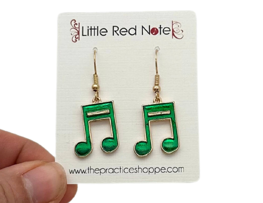 Dangle Fish Hook Green and Gold Sixteenth Notes Earrings