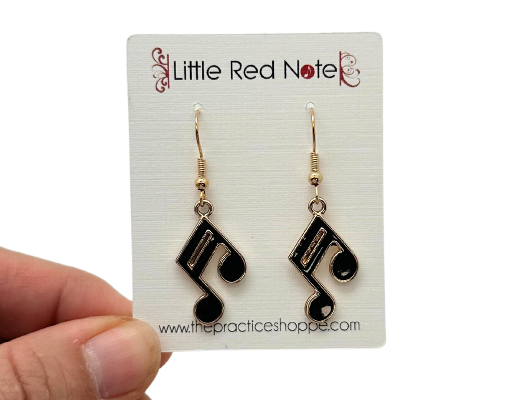 Dangle Fish Hook Black Sixteenth Notes Earrings Gold