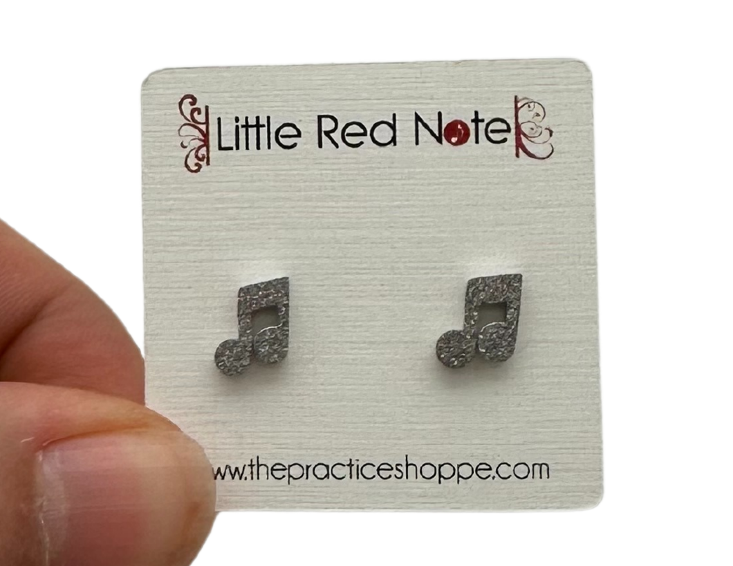 Stainless Steel Post Earrings Eighth Notes Beamed Glitter Silver