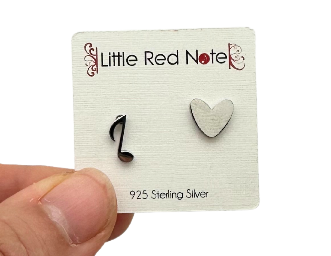 925 Sterling Silver Eighth Note and Heart Post Earrings Silver