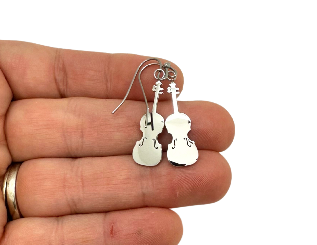 Dangle Stainless Steel Fishook Earrings Violin Viola Silver