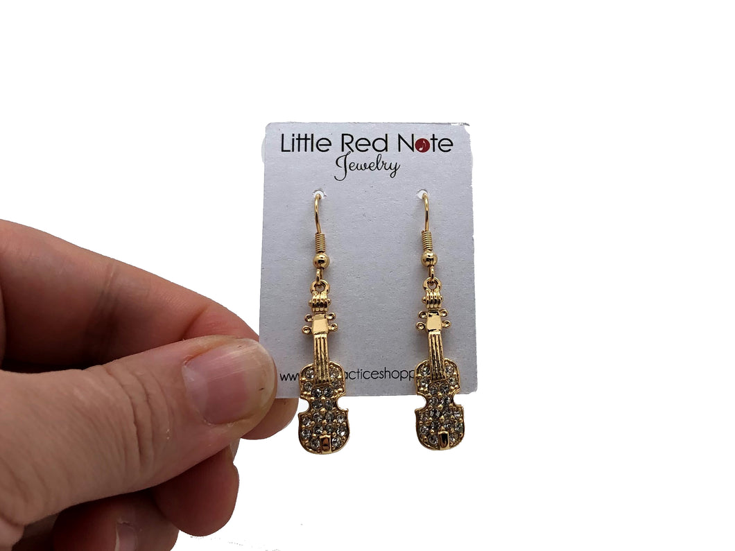 Dangle L Fish Hook Violin Rhinestone Earrings - Gold